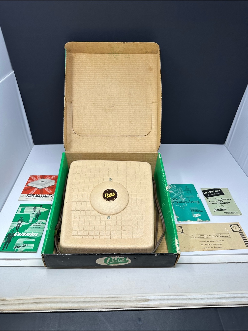 Vintage Oster 2-Way Foot Massager Ad Brochures Manual Warranty Card Original Box
